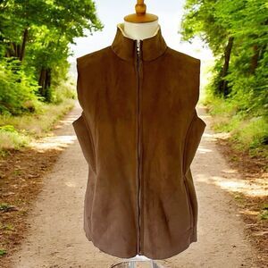 Sherpa Lined Lands End Zip Up Faux Suede Warm Vest Size M/P Medium Petite Brown